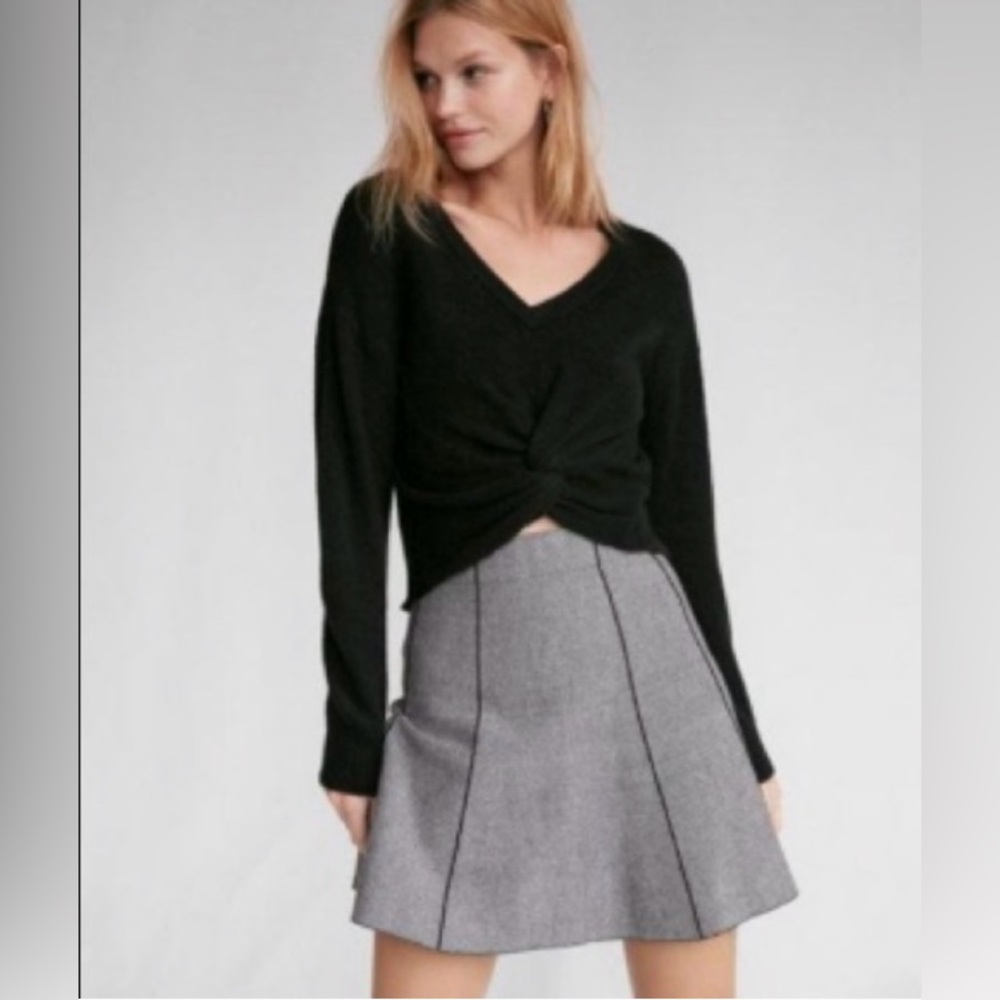Express Black V-Neck Sweater twist knot crop waist Small